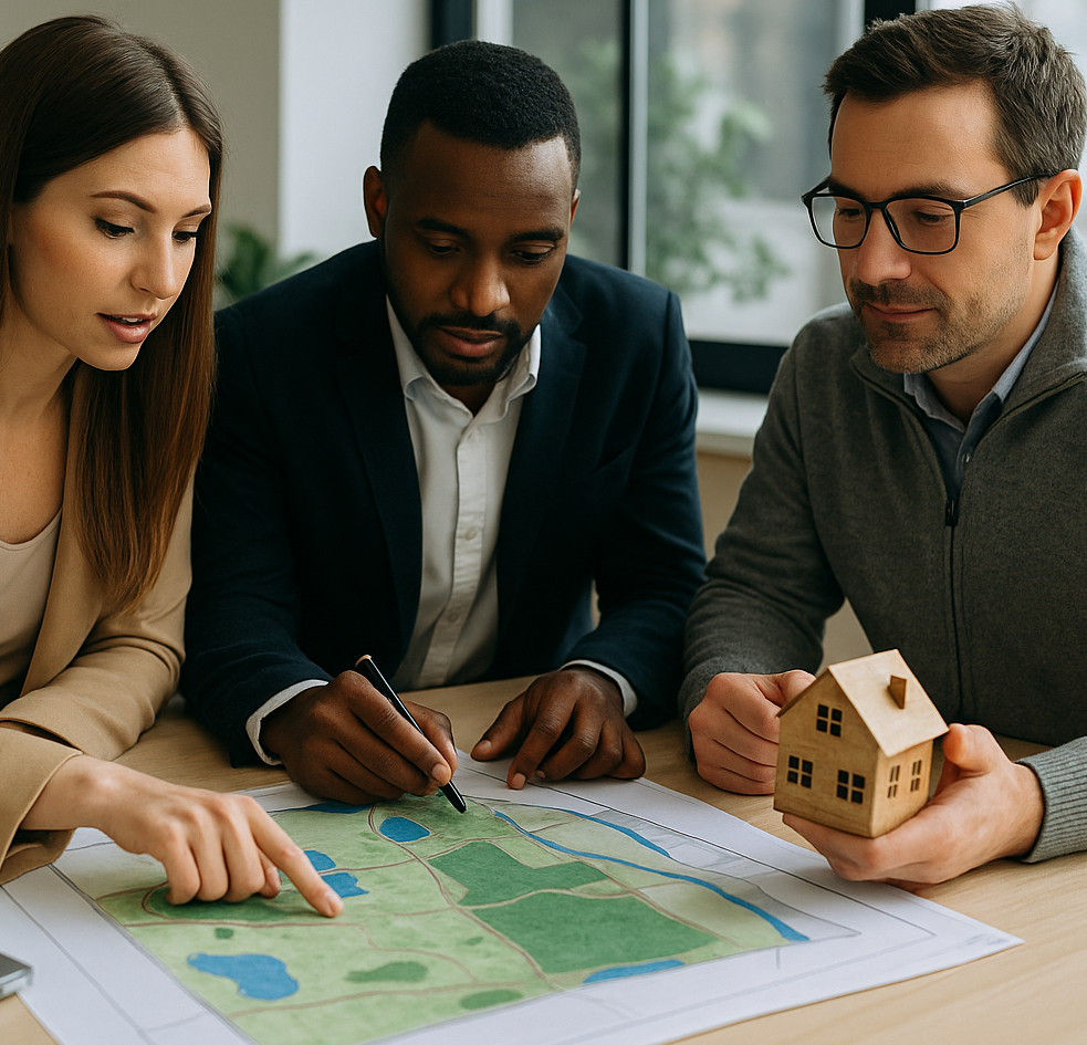 Réseau d’experts en terrains en Estrie analysant un plan de zonage sur le terrain.